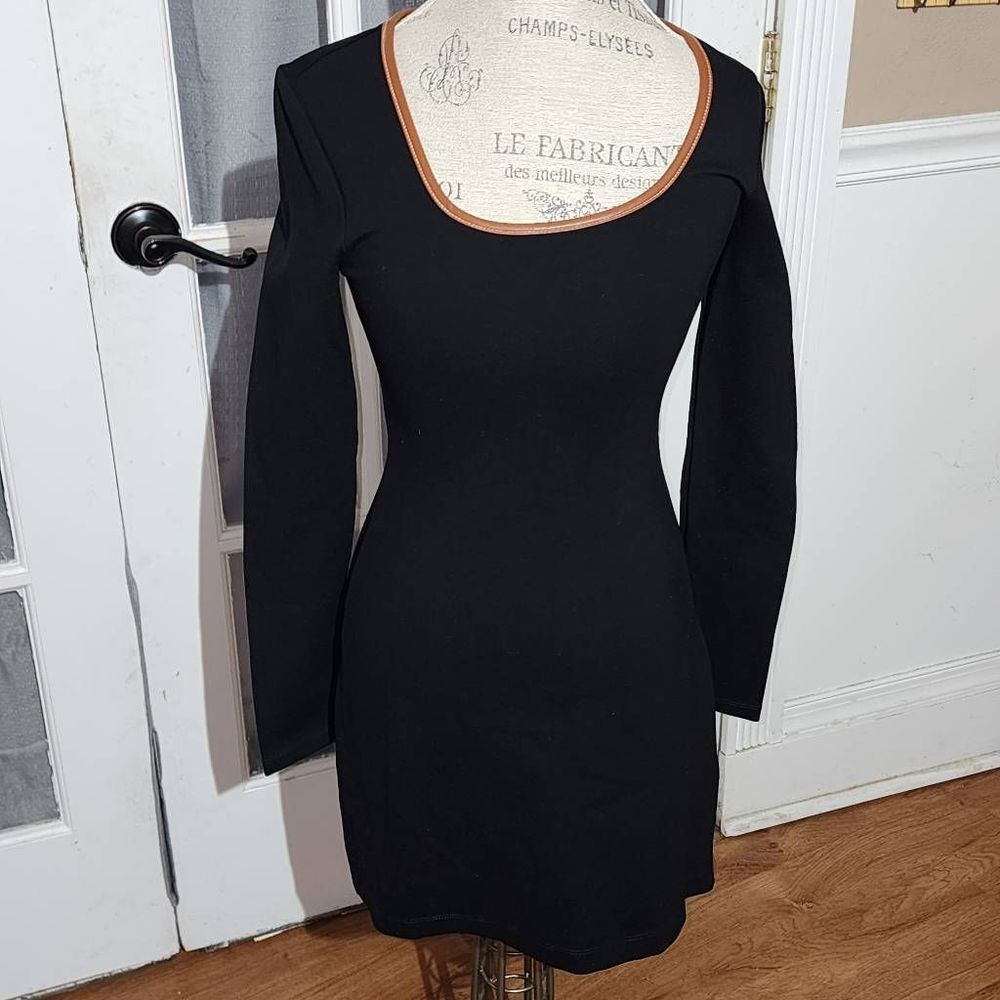 STAUD Black Long Sleeve Scoop Neck Dress with Tan Trim